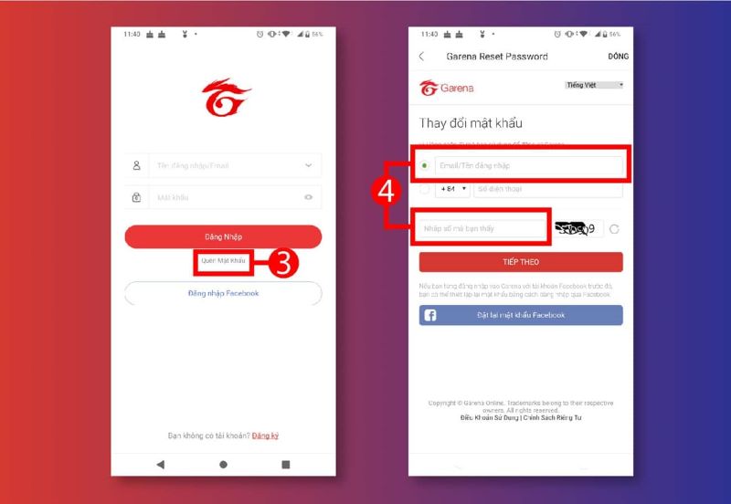 Chọn vào phần quên mật khẩu để lấy lại tài khoản garena quên tên đăng nhập