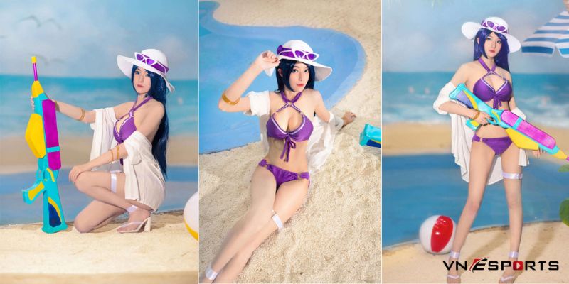 Thân hình mảnh mai khi cosplay tướng Caitlyn tiệc bể bơi