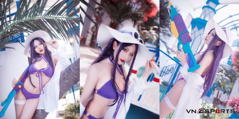 Ánh mắt sắc lẹm khi cosplay Caitlyn tiệc bể bơi