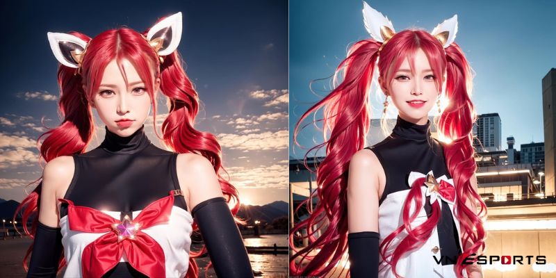 Nữ coser với mái tóc đỏ cosplay nữ tướng Jinx