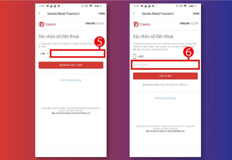 Nhập số điện thoại để thực hiện cách lấy lại tài khoản garena liên quân
