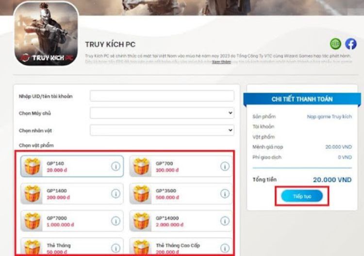 Tùy chọn gói nạp Truy Kích PC mà bạn mong muốn